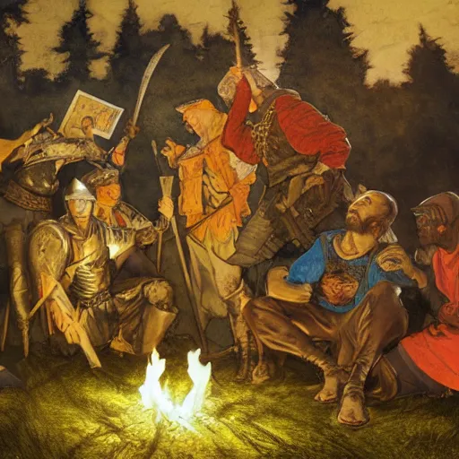 Image similar to a painting of medieval knights toasting marshmallows around the campfire in the style of howard pyle, arthur rackham, alphonse mucha, maxfield parrish. volumetric lighting. 8 k resolution. best detail. trending on artstation trending on deviantart