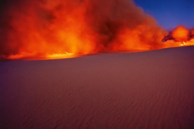 Image similar to blue hour, sand dunes beneath fire, 35mm, film photo, steve mccurry