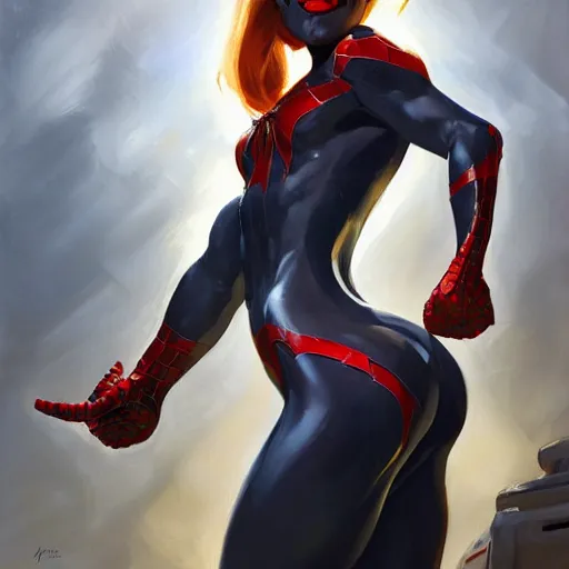 Image similar to greg manchess portrait painting of a light female venom iron spiderman as overwatch character, medium shot, asymmetrical, profile picture, organic painting, sunny day, matte painting, bold shapes, hard edges, street art, trending on artstation, by huang guangjian, gil elvgren, ruan jia, greg rutkowski, gaston bussiere