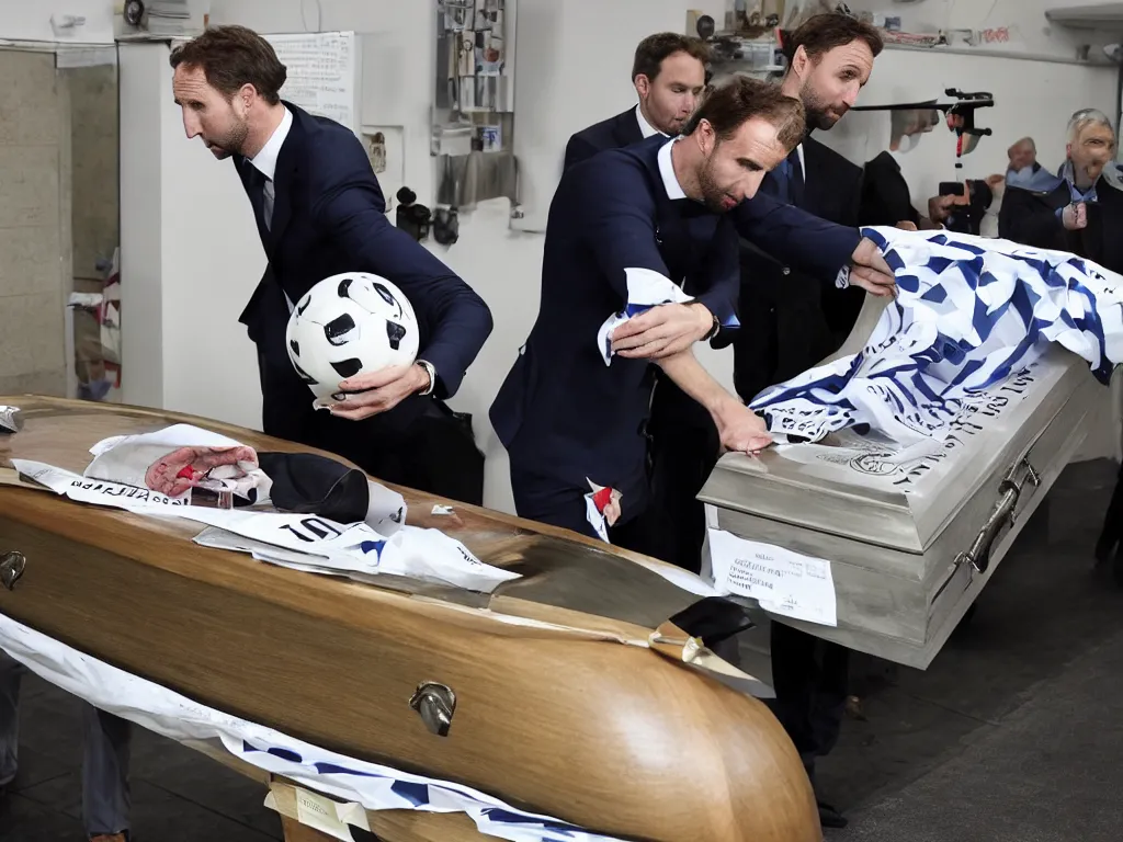 Image similar to a solemn perfect photograph of gareth southgate placing a soccer ball into a coffin decorated with hate mail.