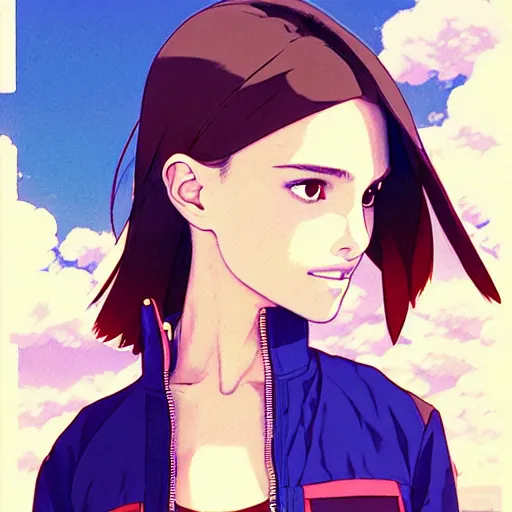 Image similar to a beautiful! boyish! natalie portman alluring gravure! model, wearing oversized mayan bomber jacket and leotard with overalls, bulky poofy bomber jacket with mayan patterns, gapmoe yandere grimdark, trending on pixiv fanbox, painted by greg rutkowski makoto shinkai takashi takeuchi studio ghibli, akihiko yoshida