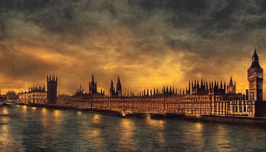 Prompt: sunset over london, scary, ominous, spooky, shadows, extremely detailed, horror, digital art