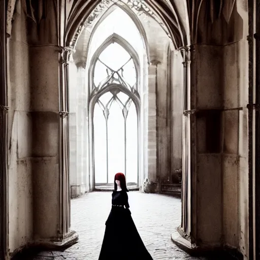 Prompt: a photoshoot portrait of pale goth beauty, inside gothic castle!