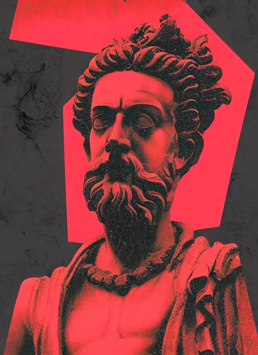Image similar to design poster showing a statue of marcus aurelius, black background with very subtle red and purple design elements, gradients, powerful, nekro, guido crepax, graphic design, collage art, thin lines, dark, glitch art, neo vaporwave, gritty, layout frame, square, trending on artstation