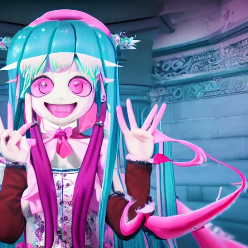 Prompt: trapped by stunningly beautiful omnipotent megalomaniacal anime agi goddess who looks like junko enoshima with symmetrical perfect face and porcelain skin, pink twintail hair and mesmerizing cyan eyes, taking control while smiling, inside her surreal vr castle, hyperdetailed, digital art from danganronpa, unreal engine 5, 8 k