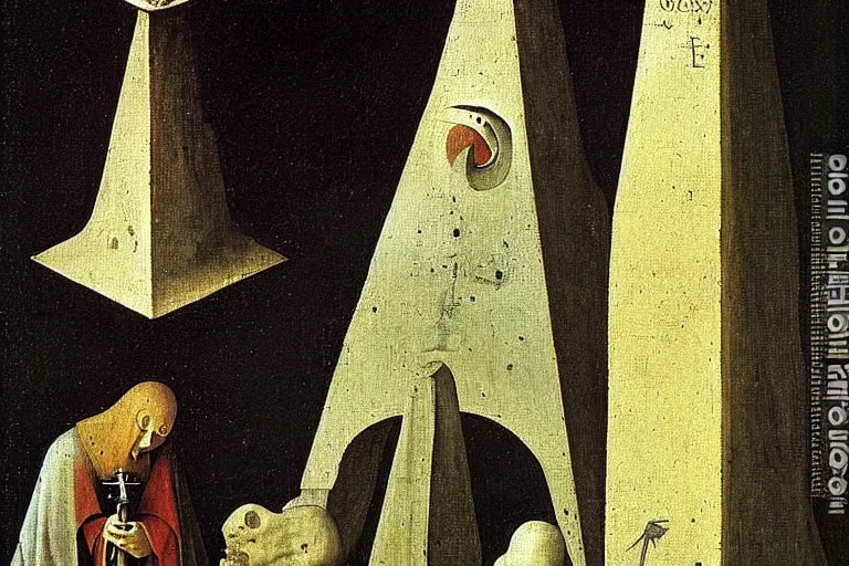 Image similar to the white obelisk the serpent and the black obelisk, oil on canvas, high detail, by hieronymus bosch