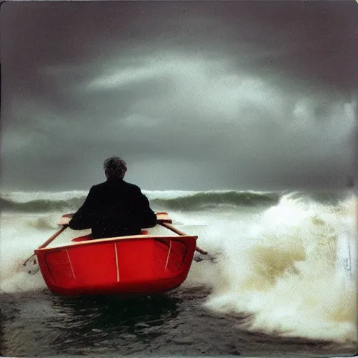 Prompt: a man in a small rowboat on tumultuous ocean. Big waves. Maelstrom storm clouds and rain. Polaroid