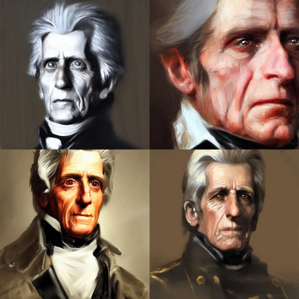 Prompt: a realistic hyperdetailed digital oil portrait painting of andrew jackson in the style of guy denning, ruan jia, and craig mullins. trending on artstation and deviantart. cgsociety digital art.