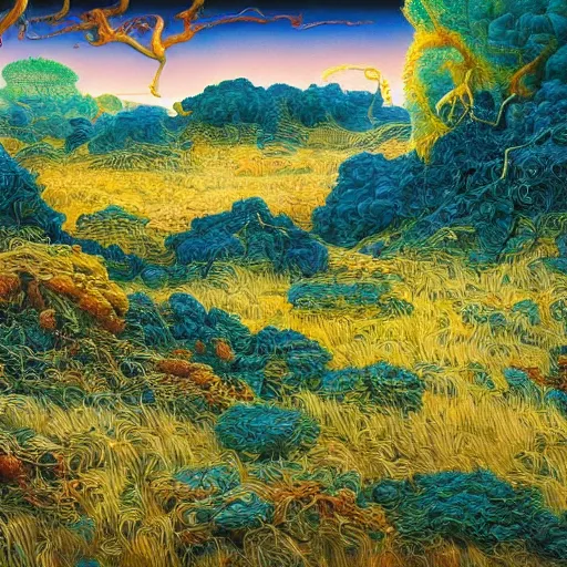 Prompt: painting of a lush natural scene on an alien planet by glenn brown. beautiful landscape. weird vegetation. cliffs and water.