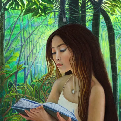 Image similar to a girl in a jungle with a book, her hair flowing down, subtle, intricate details, dynamic pose, real masterpiece, oil on canvas, by somsak anong