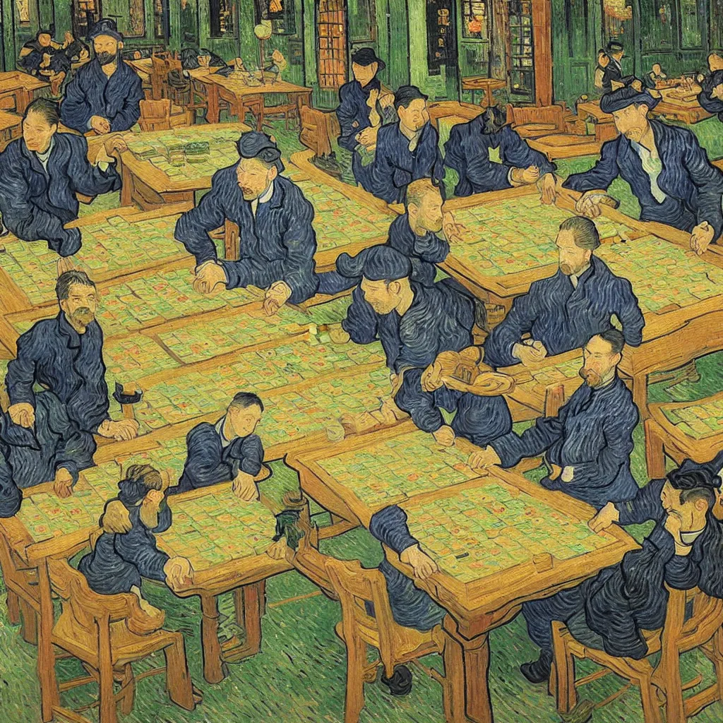 Prompt: van gogh plays mahjong in chengdu, highly detailed