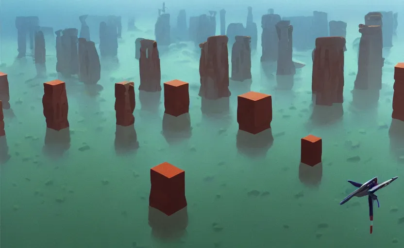 Prompt: hyperrealist painting of 1 0 flying cubes from independence day ( 1 9 9 6 ) in a flooded monument valley stonehenge jungle. 1 9 7 0 s science fiction, moody, misty, depth perception, 4 k, artstation, in the style of studio ghibli