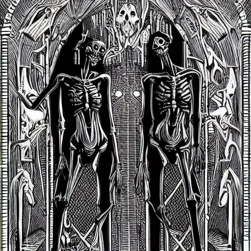 Image similar to In the center of the sculpture is a large gateway that seems to lead into abyss of darkness. On either side of the gateway are two figures, one a demon-like creature, the other a skeletal figure. vector art, cyanotype by Greg Land flowing