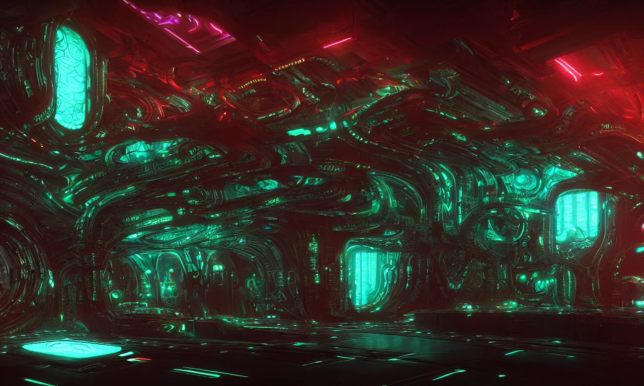 Image similar to Prometheus biological sci-fi environment set, glowing neon ship control panel, in a nightmarish universe of odd forms and somber tapestry, HR Giger and Vincent Di Fate, vivid color scheme, featured in artstation, octane render, cinematic, elegant, intricate, 8k