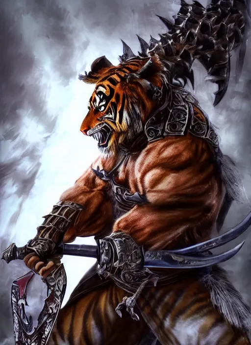 Image similar to fullbody, dark, evil villan character, very hostile very angry realistic detailed semirealism tiger man wearing samurai armor. fire Tiger_character, tiger_beast, 獣, FFXIV, iconic character splash art, angry character wielding a sword, blade, katana, blurred background, muscular scary brute, MMOrpg, dramatic cinematic Detailed fur, tank type character, detailed metal textures, 4K high resolution quality artstyle professional artists WLOP, Aztodio, Taejune Kim, Guweiz, Pixiv, Instagram, Artstation