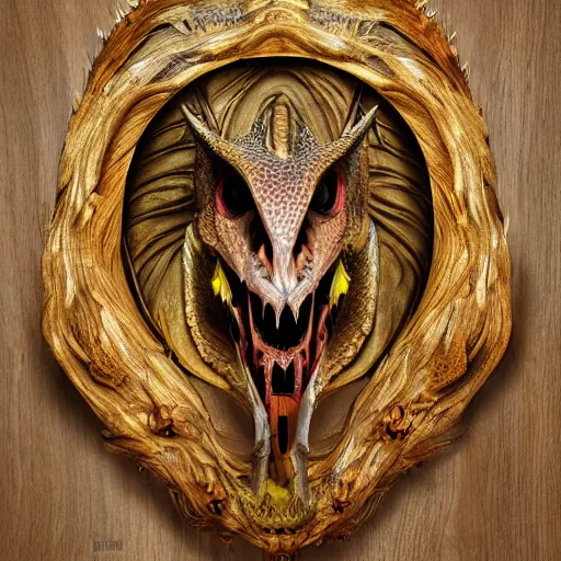 Image similar to a portrait of a dragon made of wood, detailed, fantasy, scary, realistic, frightening, ornate, horns, spikes, fluorescent colors