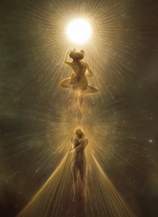 Image similar to magical birth of a human, sacral geometry, highly detailed, magic, space, epic, absolute symmetric, ring of light, by leonardo da vinci, volumetric lighting, beautiful, golden hour, sharp focus, ultra detailed, cgsociety by leesha hannigan, ross tran, thierry doizon, kai carpenter, ignacio fernandez rios, noir photorealism, film