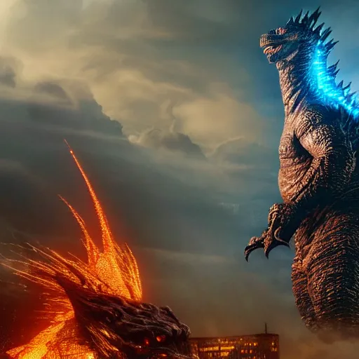 Image similar to godzilla, majestic, breathtaking, lightining in background, ultrafine hyperrealistic detailed illustration by kim jung gi, irakli nadar, intricate linework, sharp focus, bright colors, matte, film still from godzilla king of monsters, final fantasy, unreal engine highly rendered, 8 k, global illumination, radiant light, intricate environment