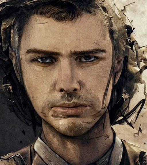 Image similar to portrait of muscular, tired and alcoholic 3 0 - year - old grieving man with short darkblonde hair, serious sad look in his eyes, looking down, dirty beard, blue eyes, crying tears, wearing dirty soldier uniform, on the desert, sad atmosphere, hyper realistic face, character art, art by mark brooks, cryengine, trending on artstation, digital art