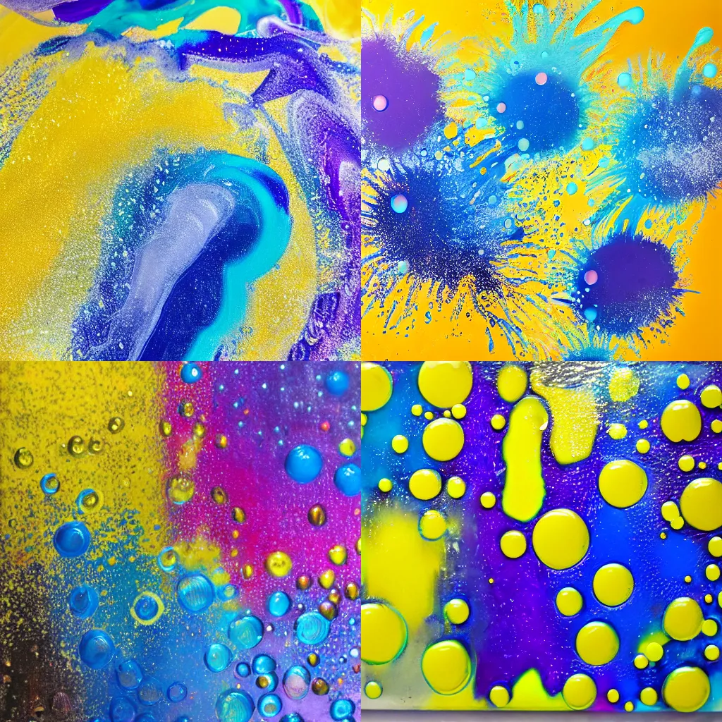 Prompt: Acrylic pouring bubbles in blue, yellow and violet colors