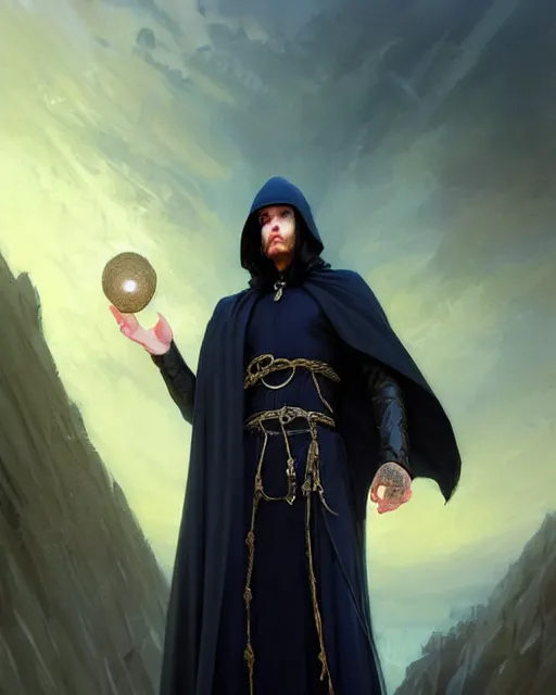 Prompt: handsome mage meditating holding a tellurion!, long black hair blue eyes wearing leather mantle gothic navy cloak with gold details, cliffside town, fantasy character portrait, hyperrealism, concept art, intricate details, highly detailed by greg rutkowski, ilya kuvshinov, gaston bussiere, craig mullins, simon bisley