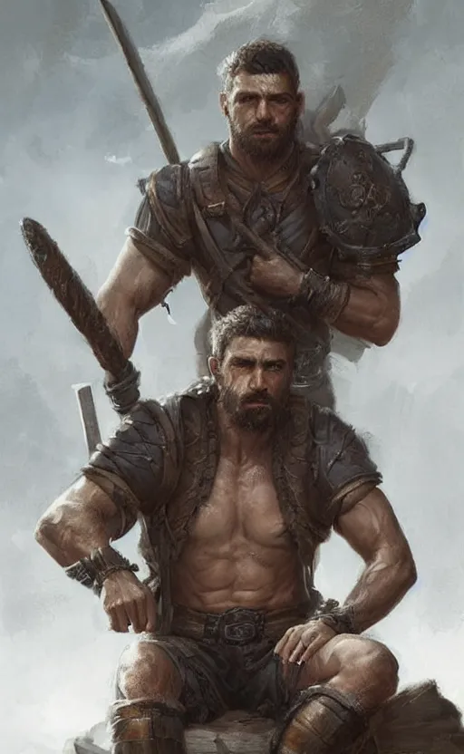 Image similar to Portrait of a rugged ranger sitting down, male, muscular, straight nose!!!, detailed face, handsome face, bare thighs!!!, simple clothing!!!!!, fantasy, medieval, highly detailed, cinematic lighting, digital art painting by greg rutkowski