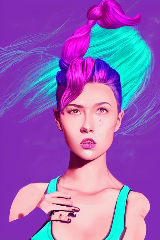 Image similar to a award winning half body portrait of a beautiful woman in a croptop and cargo pants with ombre purple pink teal hairstyle with head in motion and hair flying by wlop, outrun, vaporware, shaded flat illustration, digital art, trending on artstation, highly detailed, fine detail, intricate