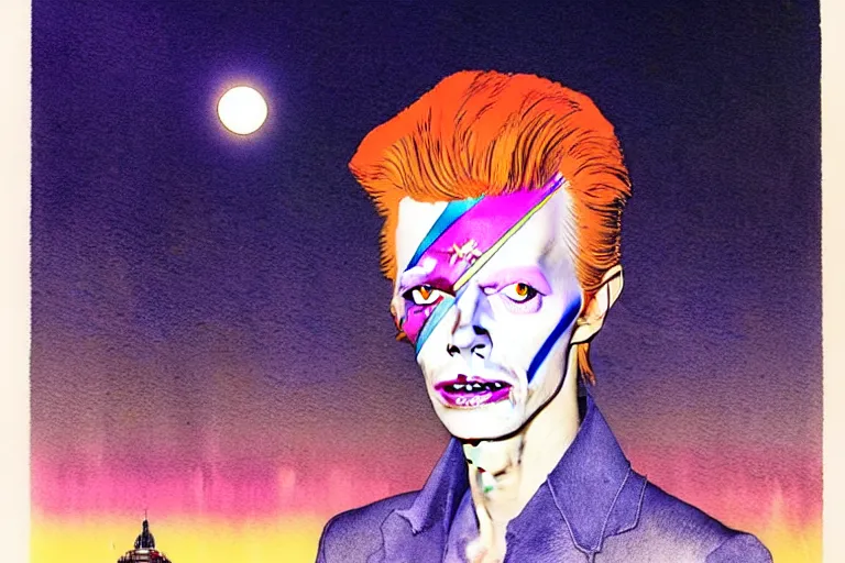 Prompt: a hyperrealist watercolour character concept art portrait of david bowie on a full moon well lit night in las vegas. a ufo is in the background. by rebecca guay, michael kaluta, charles vess and jean moebius giraud