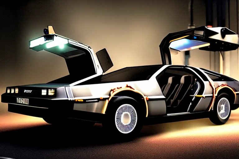 Image similar to photograph of the delorean from back to the future in half life 2, dark room, cinematic, volumetric lighting, hyperdetailed photograph