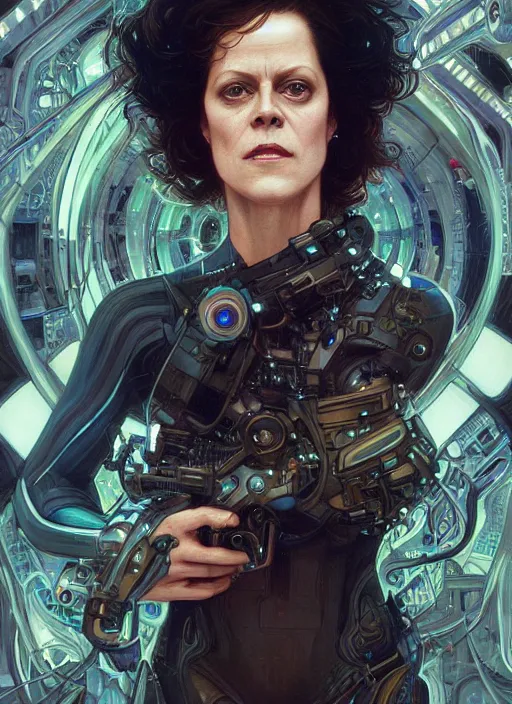 Image similar to Sigourney Weaver as cyberpunk girl, portrait, intricate, elegant, highly detailed, centered, digital painting, artstation, concept art, smooth, sharp focus, illustration, art by artgerm and donato giancola and alphonse mucha