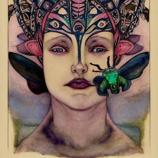 Prompt: the bone crown, by Annie Swynnerton and Nicholas Roerich and (((Diego Rivera))) and (((Edmund Dulac))), bioluminescent skin, floral tattoos, goth, iridescent beetles, elaborate costume, geometric ornament, symbolist, rich colors, dramatic lighting, smooth, sharp focus, extremely detailed