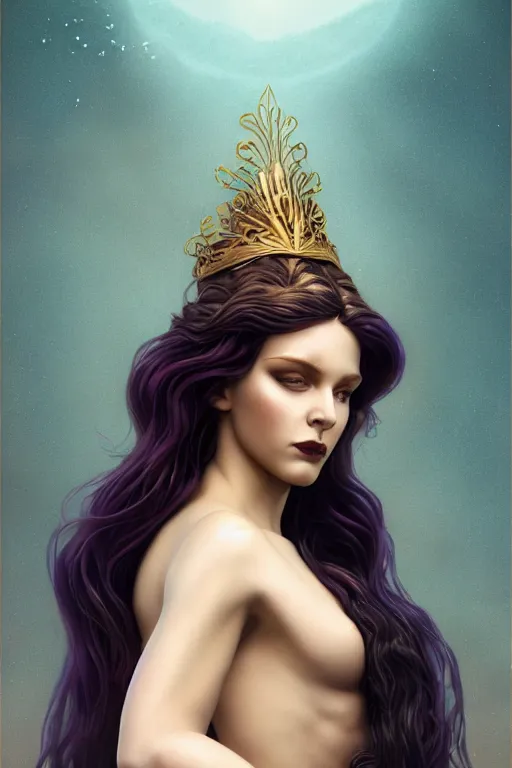 Image similar to a beautiful dark androgynous mermaid, pinup pose, long hair, tall and thin, wearing dozens of pendants and a gown of gold, small delicate crown of the sea on her head, illustration, symmetry accurate features, volumetric light clouds, ultra realist soft painting, (art nouveau), octane render, 8k, HD, by Tom Bagshaw, Brom, Charlie Bowater, faces by otto schmidt