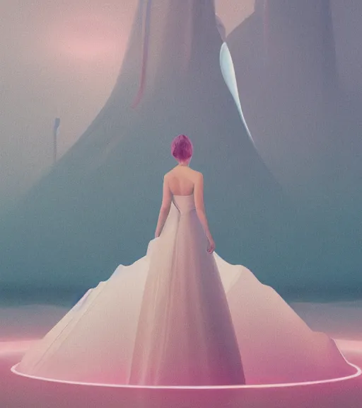 Image similar to a woman in a white dress standing in the water, an album cover by mike winkelmann, behance contest winner, cubo - futurism, synthwave, outrun, chillwave, trending on artstation