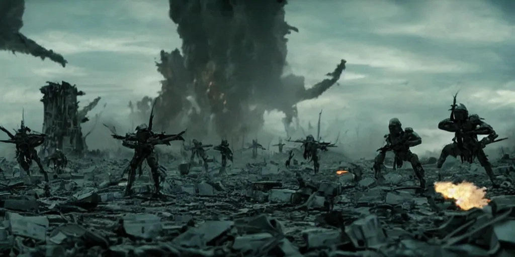 Prompt: film still of closeup futuristic god soldiers fighting in epic war, decimation, dilapidated city by emmanuel lubezki