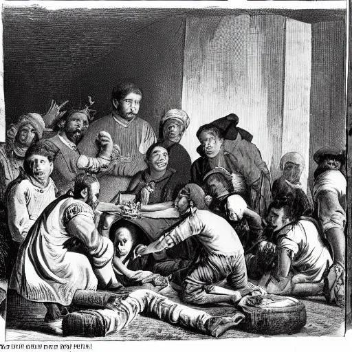 Prompt: villagers gather round as a man with an injured leg is treated on the table of a tavern