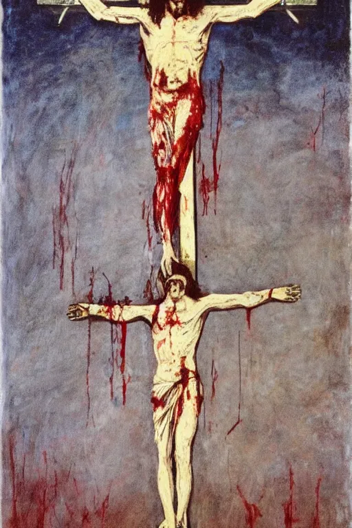 Image similar to bloody jesus christ crucified with a ufo of light right above his head painted by cy twombly and andy warhol