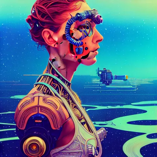 Image similar to high quality high detail portrait of a diesel punk in an alien world,, tristan eaton, victo ngai, artgerm, rhads, ross draws, hyperrealism, intricate detailed, alphonse mucha, 8 k, sci - fi, pastel colors, artstation,