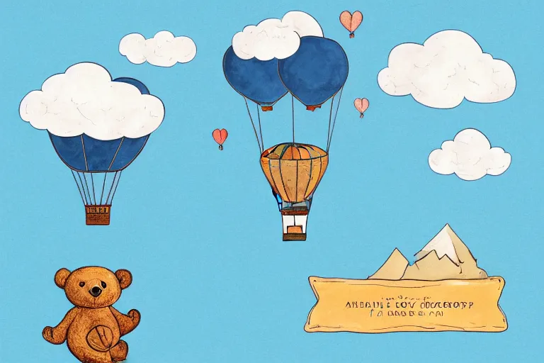 Prompt: a small teddy bear flying on a huge blue hot air balloon, several clouds on light blue background, cartoon illustration, invitation card, handwriting title on the left, highly detailed, flat water color texture, graphic design contest winner, poster template on Canva