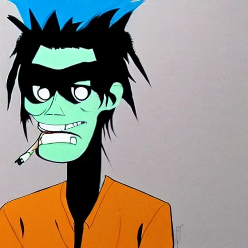 Image similar to 2 d gorillaz, a man with messy blue hair and no eyes, portrait, gorillaz style, jamie hewlett, semi - realistic, neutral expression