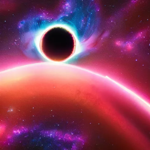 Image similar to glowing glorious 3D black hole in movie, intergalactic, space theme, galaxy colored, hyperdetailed, digital painting, trending on Artstation, cel-shading style, CG society, hyperdetailed, digital painting, hypermaximalist, golden ratio, volumetric, octane render, weta digital, micro details, 3d sculpture