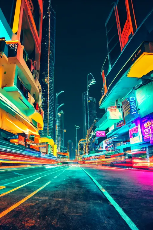 Image similar to neon streets of dubai, 4 k, award winning photo