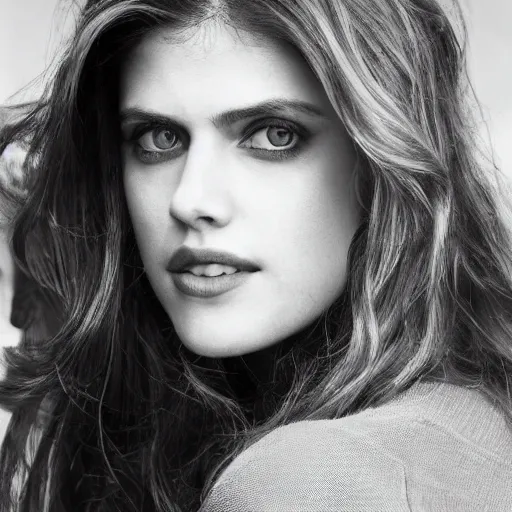 Prompt: a beautiful close - up shop of alexandra daddario, beautiful symmetric clear blue eyes, beautiful natural light failling on her face, golden hour, by annie leibowitz