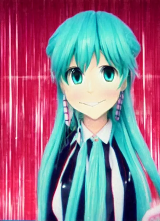 Prompt: highly realistic hatsune miku on vhs, 1 9 9 0, 9 0 s commerical