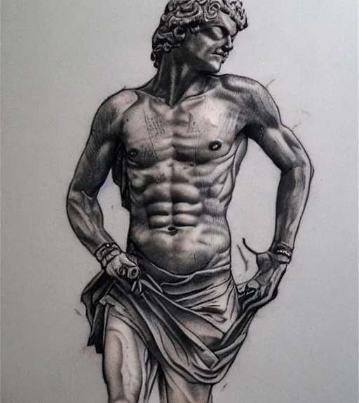 Image similar to tattoo design sketch of the statue of david broken, in the style of den yakovlev, realistic face, black and white, realism tattoo, hyper realistic, highly detailed