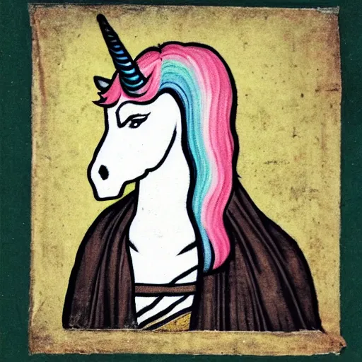 Image similar to unicorn portrait as a medieval gravure