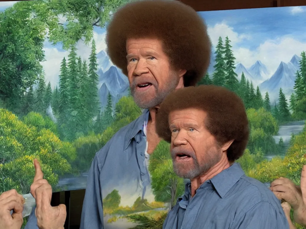 Image similar to bob ross is sad and angry and yelling at a huge nature painting by bob ross