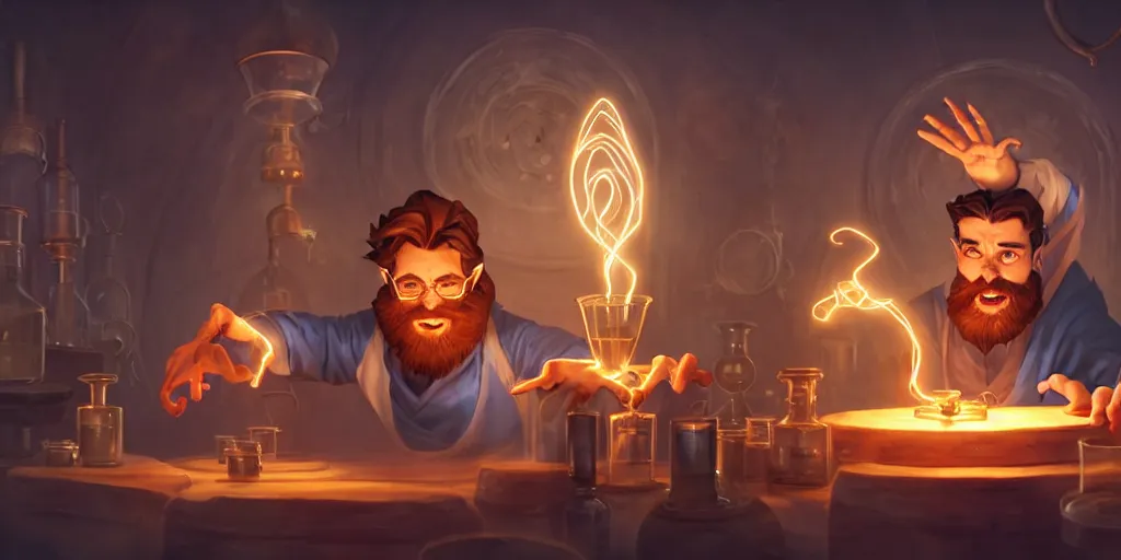 Image similar to a handsome bearded caucasian male sorcerer with brown hair he is casting a spell with flowing energy, he is in a alchemist lab filled with beakers and equipment, neutral pose, sharp focus, waist up, epic composition, 4 k, by rudy siswanto and anna podedworna