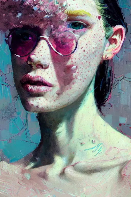 Prompt: portrait of a beautiful girl, albino, lots of freckles, nose piercing, shades of pink, beautiful face, rule of thirds, intricate outfit, spotlight, by greg rutkowski, by jeremy mann, by francoise nielly, by van gogh, digital painting