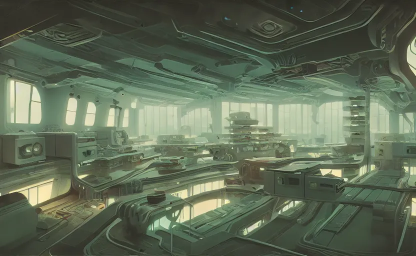 Image similar to Interior shot of a futuristic laboratory by Petros Afshar and Beeple, James Gilleard, Mark Ryden, Wolfgang Lettl highly detailed