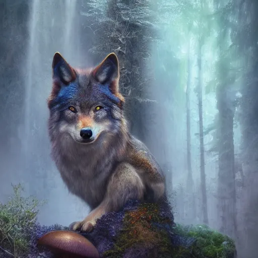 Image similar to tom bagshaw, beautiful full wolf, mythical cosmic shrine, soft painting render curiosities carnival pond river vegetation rocks bugs wildlife mushrooms covered moss bioluminescent wisps, beautiful stunning waterfall, accurate features, focus, very intricate ultrafine details, random volumetric lighting, fog, award winning masterpiece, octane render 8 k hd, artstation